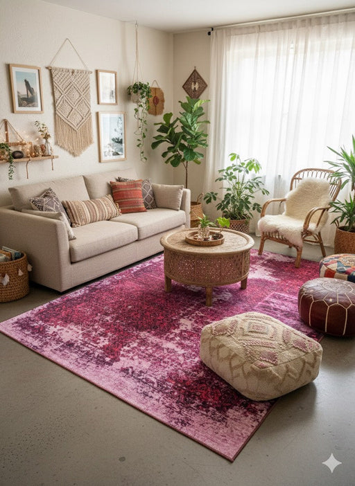 8' x 12' Rectangular Pink & Burgundy Distressed Vintage Area Rug styled in bohemian living room seating area.