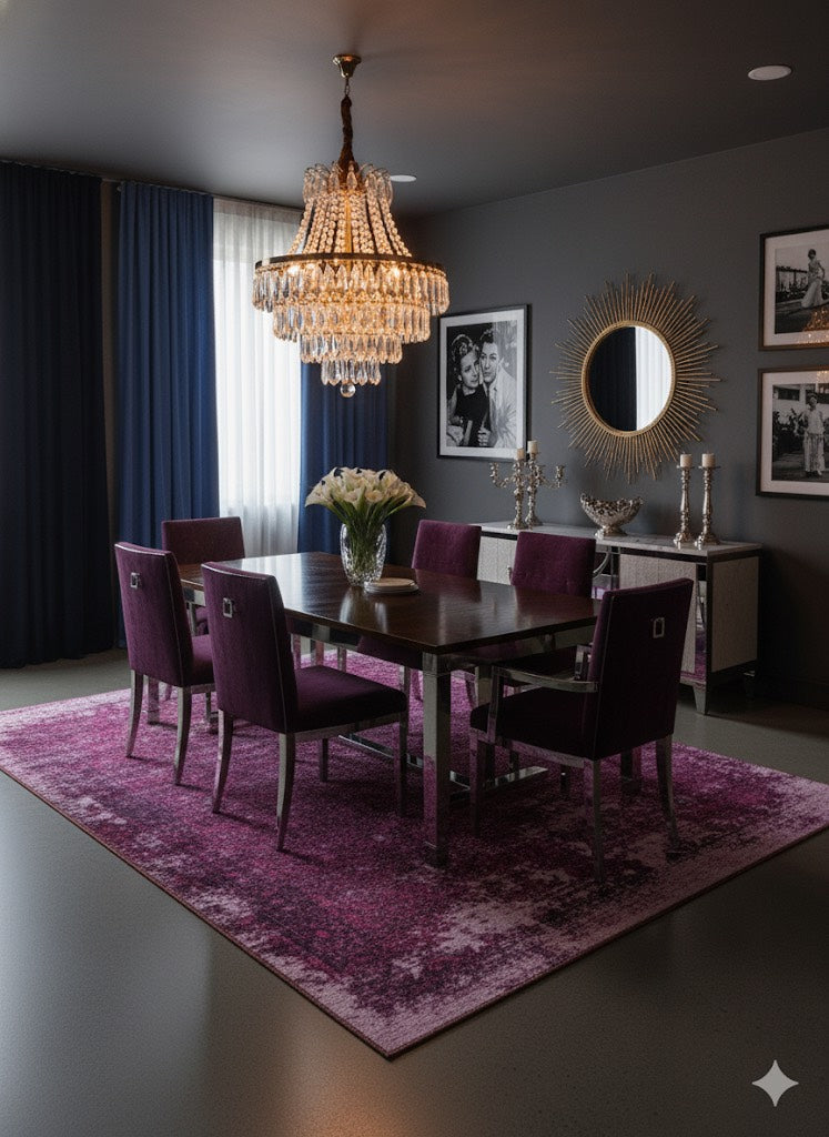 8' x 12' Rectangular Pink & Burgundy Distressed Vintage Area Rug styled in elegant dining room under dining tabl