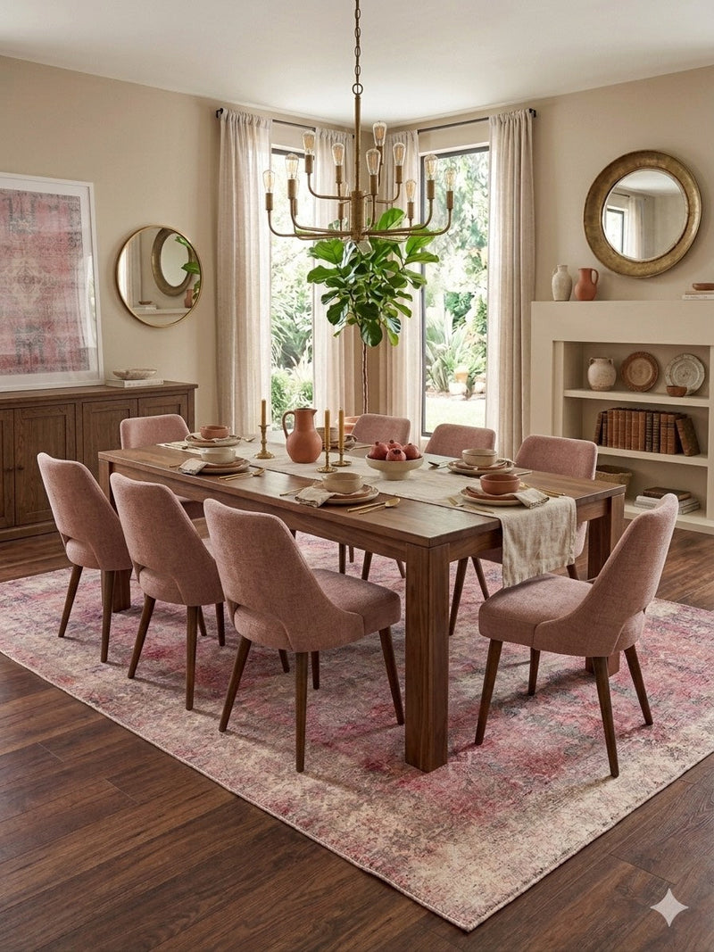 8' x 12' Rectangular Pink & Ivory Distressed Oriental Vintage Area Rug showcased beneath a wooden dining table with blush upholstered chairs.