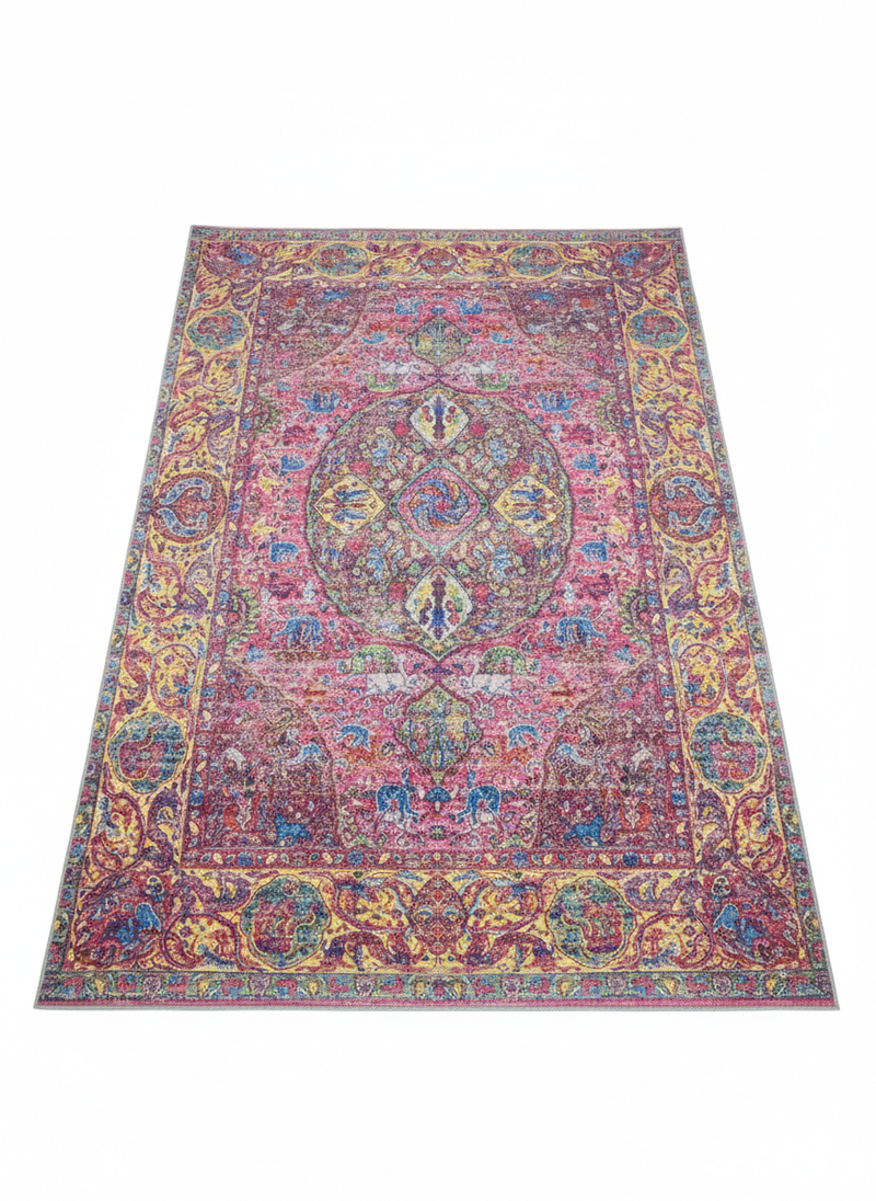 8' x 12' Rectangular Pink  Multi Color Medallion Traditional Washable Area Rug displayed on a light neutral background.