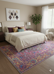 8' x 12' Rectangular Pink  Multi Color Medallion Traditional Washable Area Rug placed in a serene bedroom with neutral bedding, soft natural lighting, and a calm ambiance.