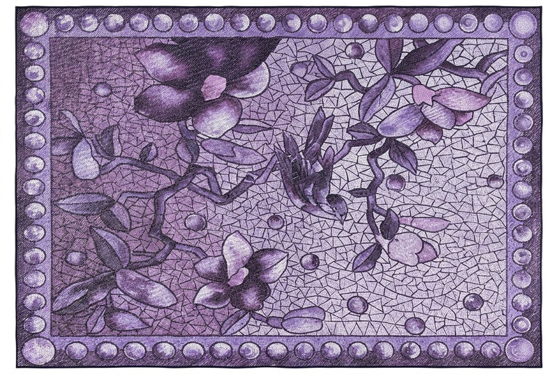 8' x 12' Rectangular Purple & Lavender Floral Botanical Mosaic Modern Washable Area Rug featuring large flowers, leafy vines, a cracked mosaic background, and decorative circular border displayed on a white background.