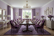 8' x 12' Rectangular Purple Lavender Floral Botanical Mosaic Modern Washable Area Rug styled in a sophisticated dining room with a dark wooden dining table, purple upholstered chairs, crystal chandelier, and lavender floral decorations.