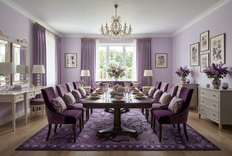 8' x 12' Rectangular Purple Lavender Floral Botanical Mosaic Modern Washable Area Rug styled in a sophisticated dining room with a dark wooden dining table, purple upholstered chairs, crystal chandelier, and lavender floral decorations.