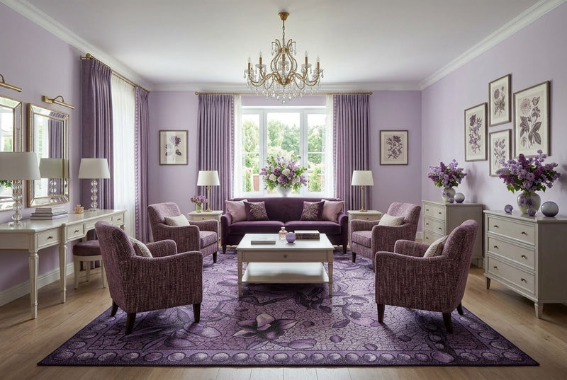 8' x 12' Rectangular Purple Lavender Floral Botanical Mosaic Modern Washable Area Rug styled in an elegant living room with a purple sofa, lavender accent chairs, white coffee table, crystal chandelier, and floral wall decor.