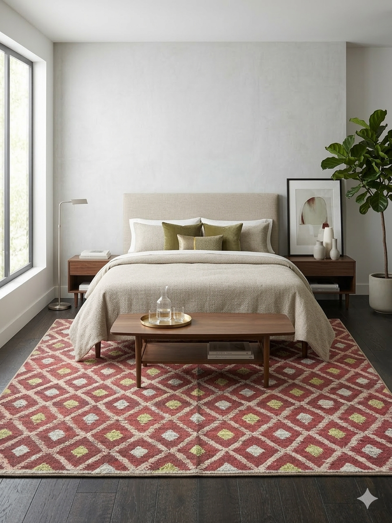 8' x 12' Rectangular Red & Ivory Diamond Geometric Modern Washable Area Rug styled in a contemporary bedroom.