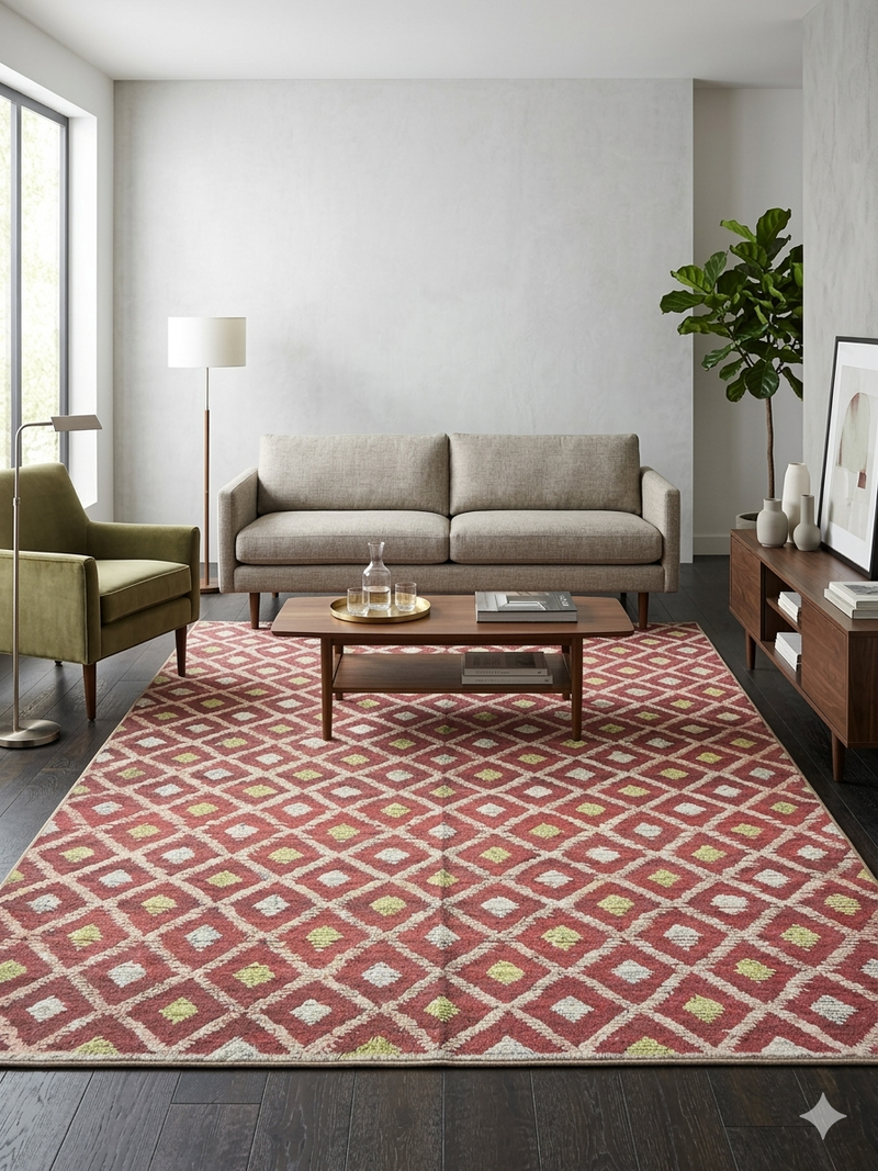8' x 12' Rectangular Red & Ivory Diamond Geometric Modern Washable Area Rug styled in a contemporary dining room.