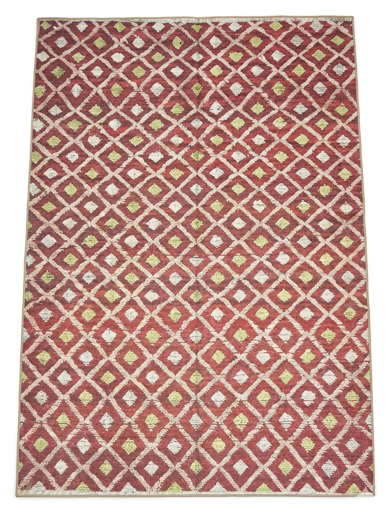 8' x 12' Rectangular Red & Ivory Diamond Geometric Modern Washable Area Rug styled in a modern living room.