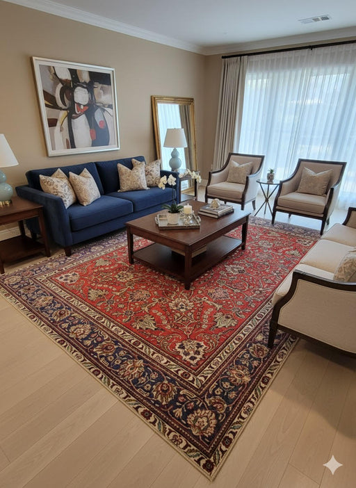 8' x 12' Rectangular Red Multi Color Floral Traditional Area Rug placed in a living room highlighting the vibrant red tones and classic floral motifs that complement traditional décor.