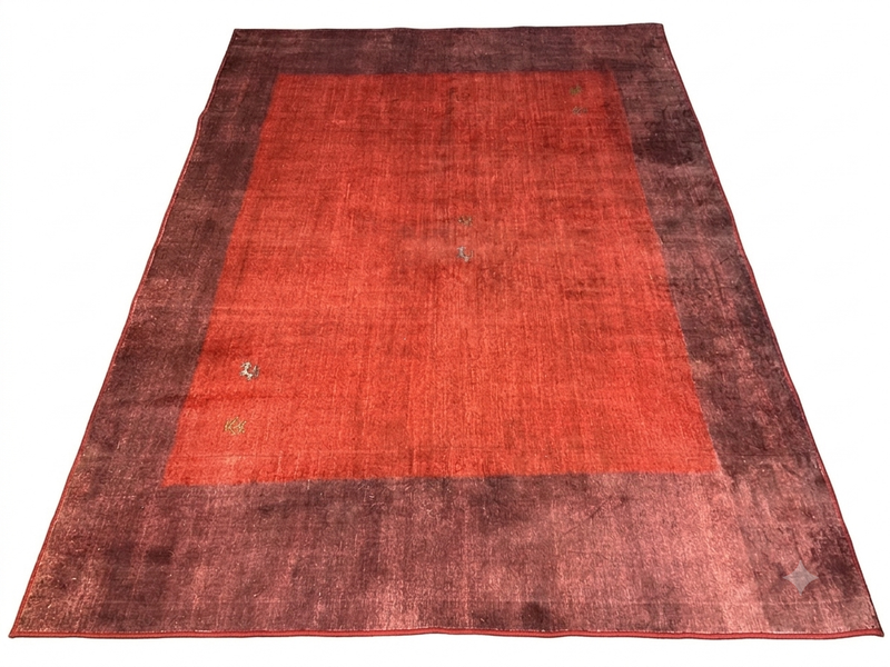 8' x 12' Rectangular Rust Red & Burgundy Solid Border Modern Contemporary Area Rug featuring a vibrant red center and distressed burgundy border displayed on a white background.