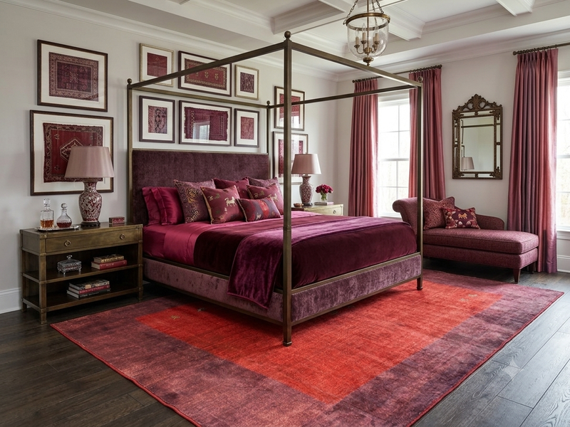 8' x 12' Rectangular Rust Red Burgundy Solid Border Modern Contemporary Area Rug placed in an elegant bedroom with a burgundy velvet canopy bed, matching chaise lounge, decorative pillows, and dark wooden flooring.