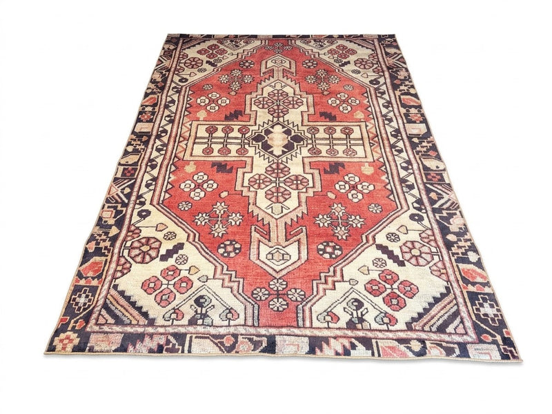 8' x 12' Rectangular Rust Red & Ivory Geometric Medallion Traditional Oriental Area Rug featuring a bold central medallion, intricate tribal motifs, and decorative navy blue borders displayed on a white background.