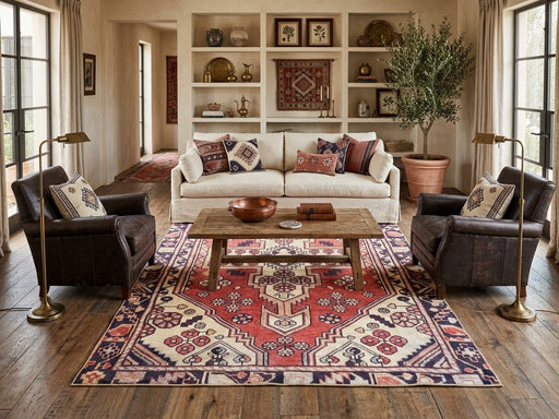 8' x 12' Rectangular Rust Red Ivory Geometric Medallion Traditional Oriental Area Rug styled in a cozy living room with a cream sofa, dark brown leather accent chairs, rustic wooden coffee table, and decorative pillows.