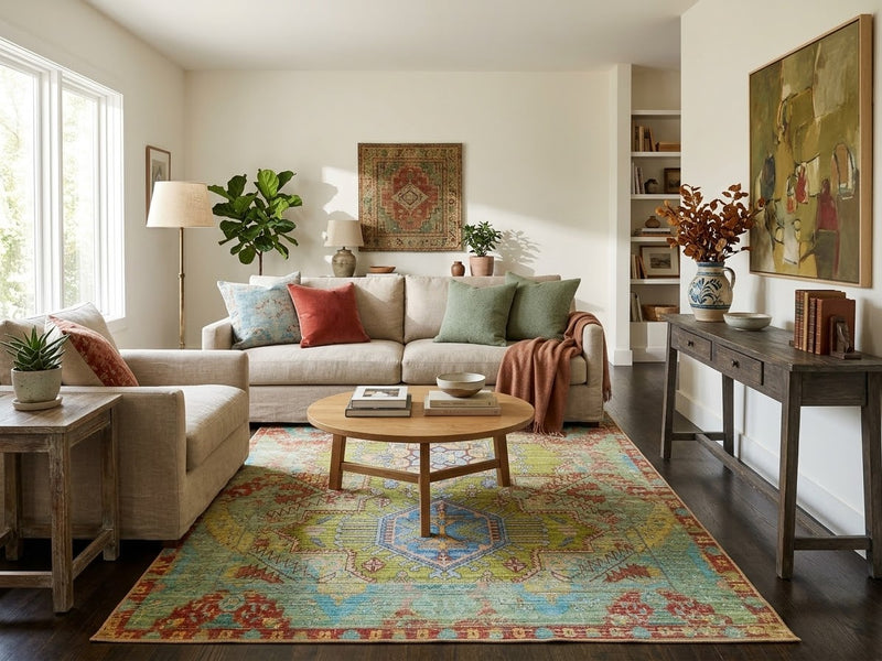 8' x 12' Rectangular Sage Green Blue Distressed Geometric Medallion Southwestern Washable Area Rug styled in a cozy living room with a beige sofa, colorful accent pillows, and wooden furniture.