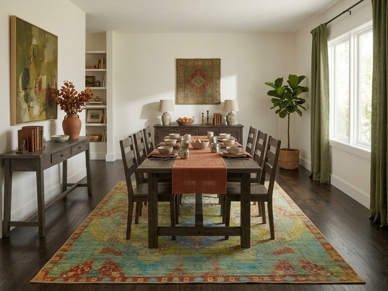8' x 12' Rectangular Sage Green Blue Distressed Geometric Medallion Southwestern Washable Area Rug styled in a rustic dining room with a dark wooden table, matching chairs, and natural decor.