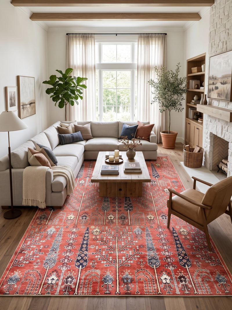 8' x 12' Rectangular Terracotta Red & Navy Blue Tree of Life Botanical Traditional Area Rug styled in a living room with a cream sectional sofa and wooden coffee table.