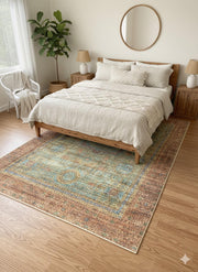 8' x 12' brown multi-color distressed medallion traditional area rug placed beneath a wooden bed in a cozy neutral bedroom.
