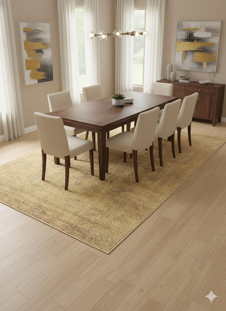 8' x 12' golden tan distressed traditional washable area rug styled beneath a wooden dining table with upholstered chairs in a bright dining space.