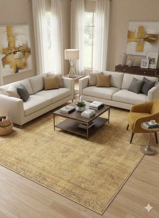 8' x 12' golden tan distressed traditional washable area rug styled in a cozy living room with neutral sofas, warm wood furniture, and soft natural lighting.