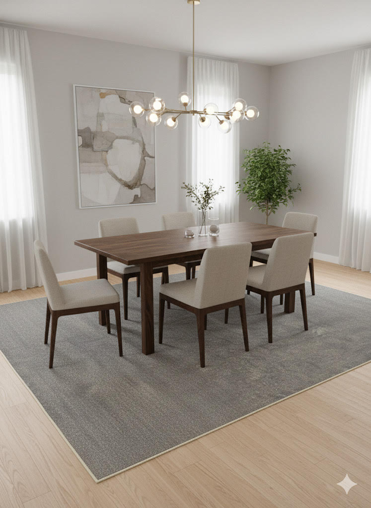 8' x 12' gray and soft beige distressed solid washable area rug styled beneath a modern wooden dining table with upholstered chairs in a bright minimalist dining room.
