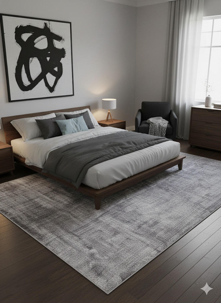 8' x 12' gray distressed modern rug placed under a low-profile bed with neutral bedding in a sleek contemporary bedroom.