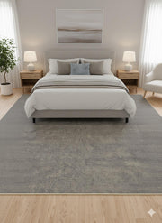 8' x 12' gray distressed modern washable area rug placed beneath a neutral bed in a calm contemporary bedroom with soft beige décor.