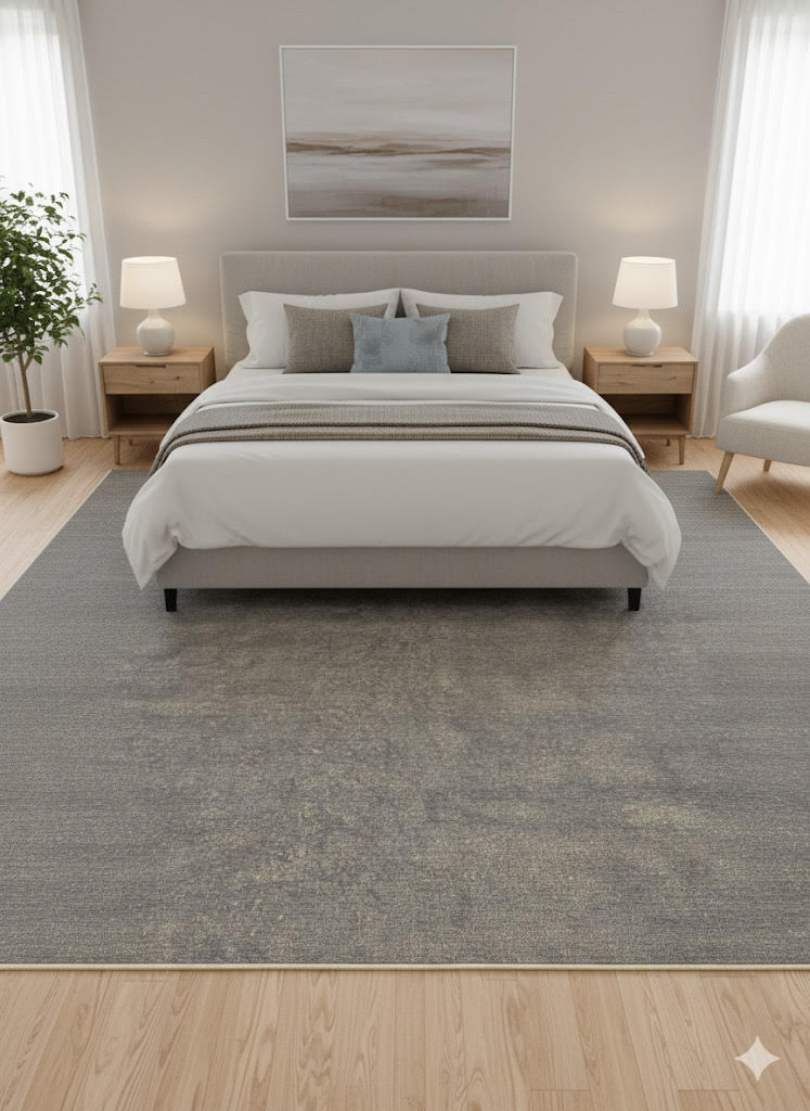 8' x 12' gray distressed modern washable area rug placed beneath a neutral bed in a calm contemporary bedroom with soft beige décor.