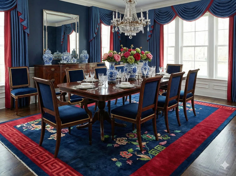 8' x 12' navy blue and red traditional oriental rug placed beneath a formal dining table with navy upholstered chairs and elegant décor.