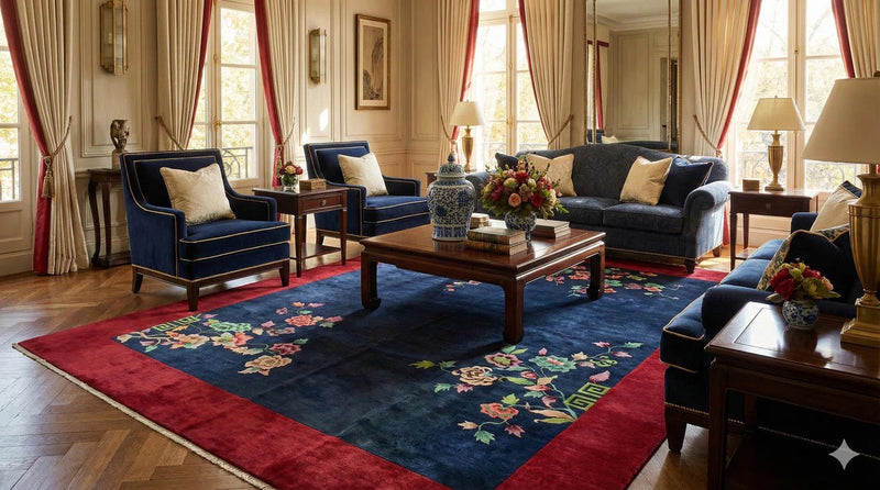 8' x 12' navy blue floral oriental area rug with a bold red border styled in a formal living room with deep blue upholstered seating and classic wood furniture.