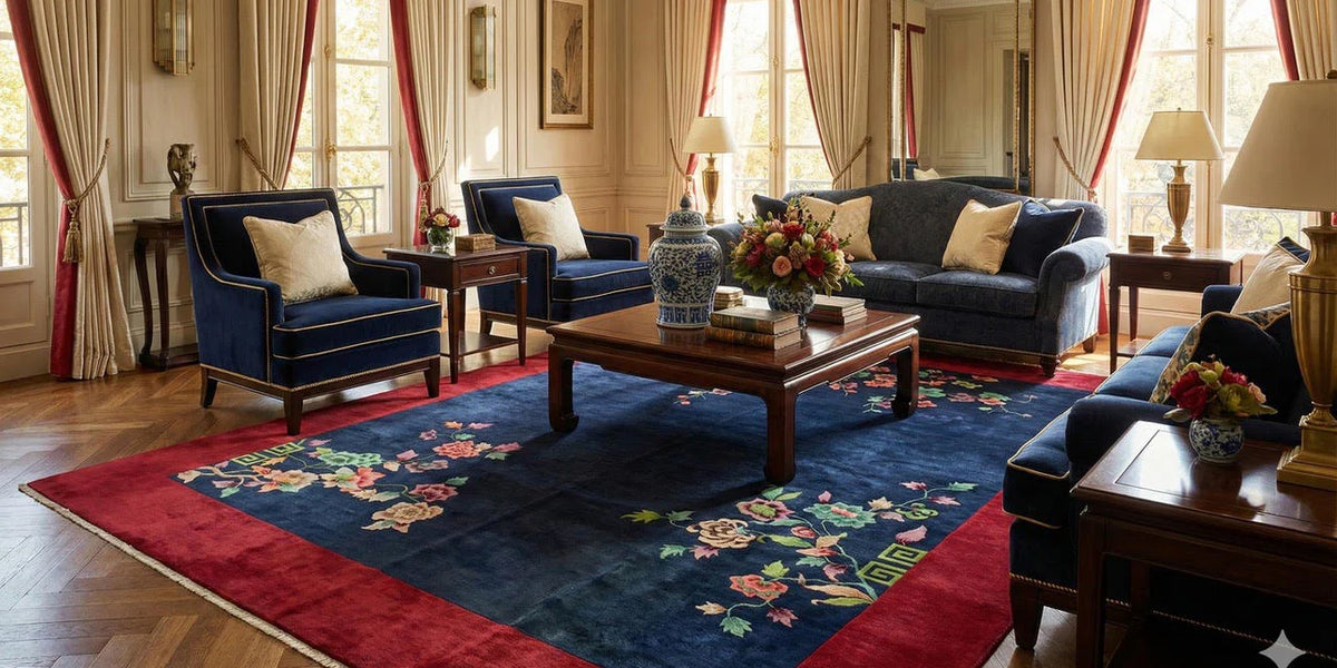 ラヴィ FC柄サテン地ネイビー&レッド 8' x 12' Navy Blue & Red Floral Oriental Rectangular Area Rug