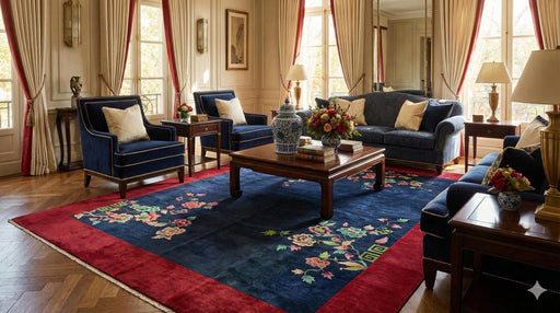 8' x 12' navy blue floral oriental area rug with a bold red border styled in a formal living room with deep blue upholstered seating and classic wood furniture.