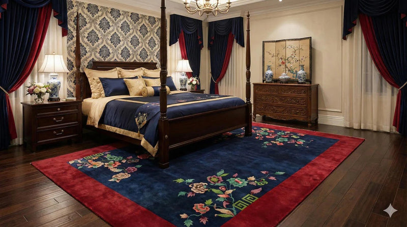 8' x 12' navy blue floral oriental rug styled under a classic four-poster bed with rich wood furniture and traditional décor.