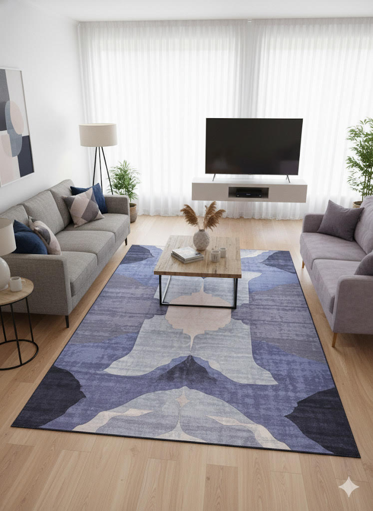 8' x 12' purple gray abstract modern washable area rug styled in a minimalist living room with sofas, a coffee table, and a mounted TV.