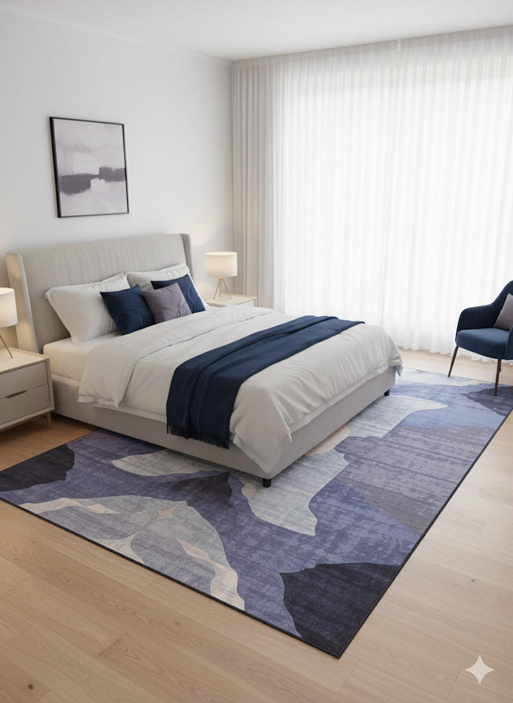 8' x 12' purple gray abstract washable area rug placed under a bed in a modern bedroom with neutral bedding and soft lighting.