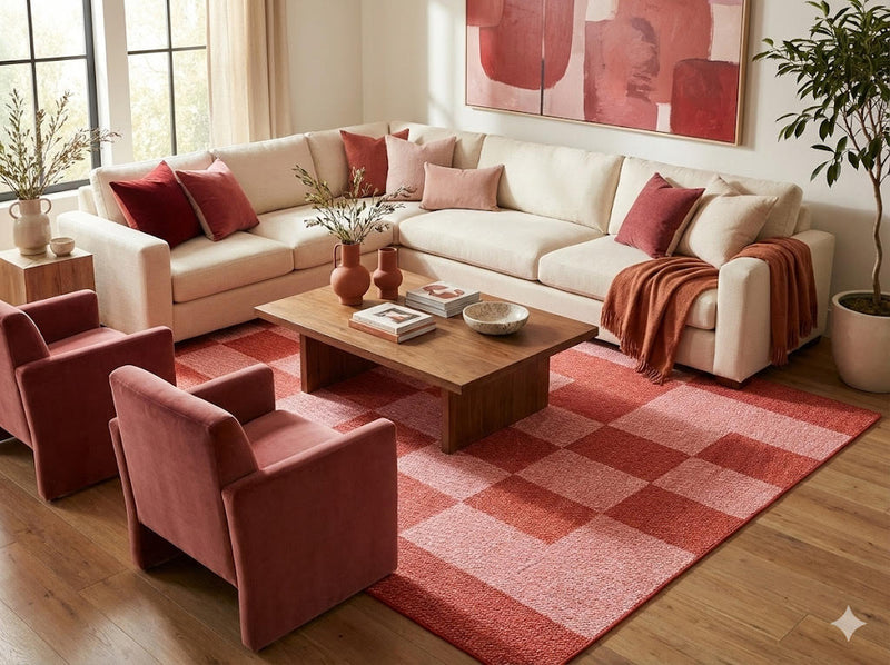 8' x 12' red and pink modern geometric checkered washable area rug placed in a bright living room with a neutral sectional sofa, blush accent chairs, and a wood coffee table.
