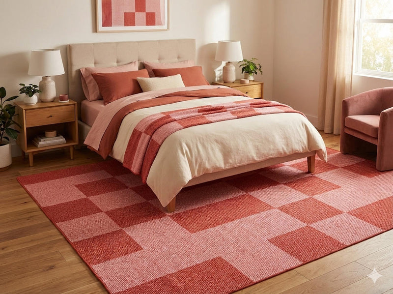 8' x 12' red and pink modern geometric checkered washable area rug styled beneath a bed in a warm contemporary bedroom with soft neutral bedding and blush accents.