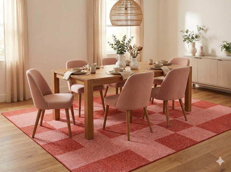 8' x 12' red and pink modern geometric checkered washable area rug styled under a wood dining table with blush upholstered chairs in a light modern dining space.