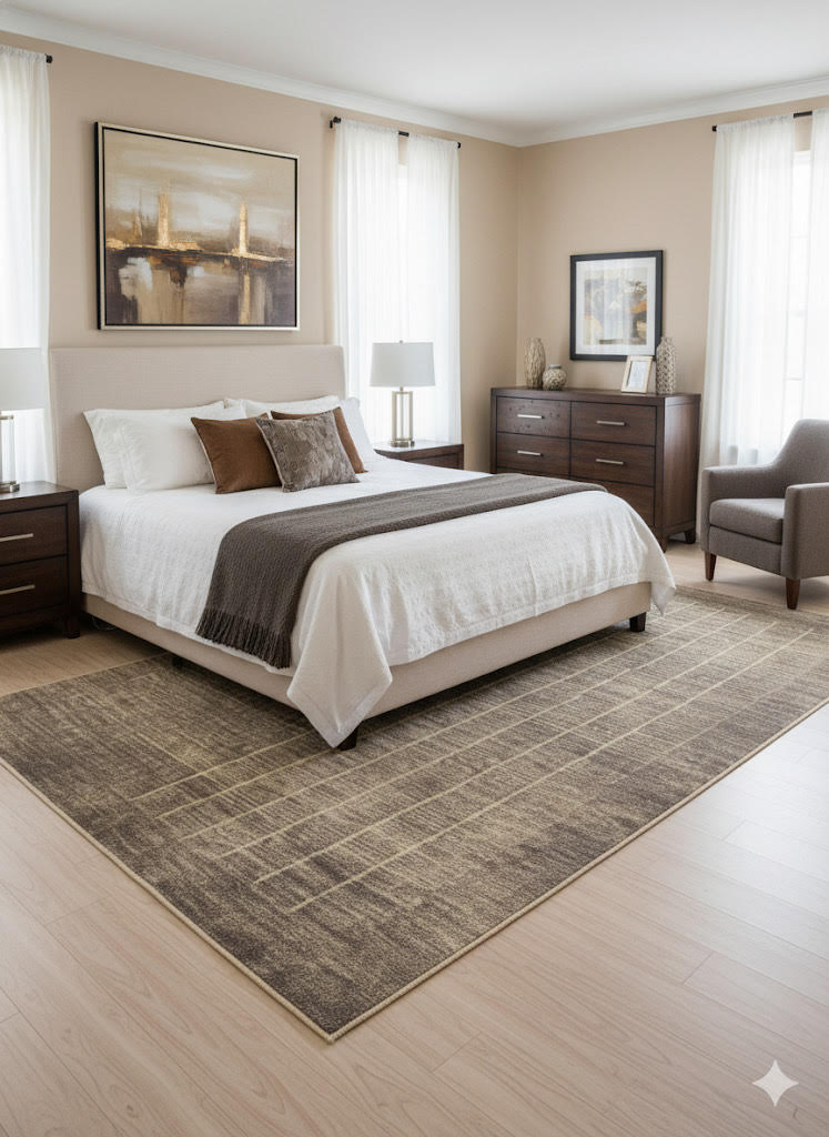 8' x 12' taupe and light beige grid washable area rug placed under a neutral upholstered bed in a warm minimalist bedroom setting.
