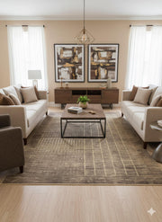 8' x 12' taupe and warm gray grid modern washable area rug styled in a contemporary living room with neutral sofas, wooden furniture, and soft beige decor.
