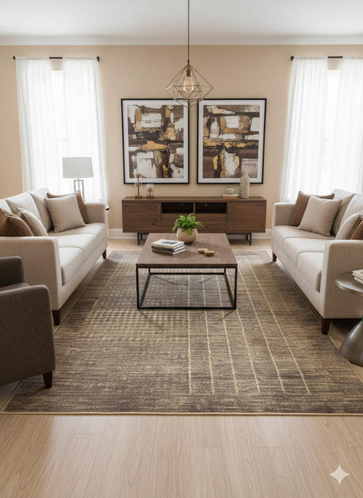 8' x 12' taupe and warm gray grid modern washable area rug styled in a contemporary living room with neutral sofas, wooden furniture, and soft beige decor.