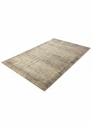 8' x 12' taupe warm gray grid modern washable area rug with light beige linear pattern and non-slip backing.