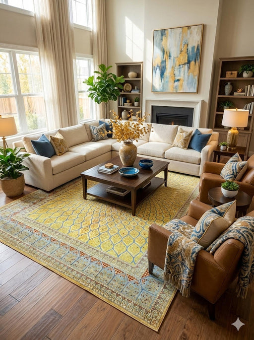 8' x 12' yellow multi-color Persian-style vintage washable area rug styled in a bright living room with a neutral sectional sofa, leather chairs, and a wood coffee table.