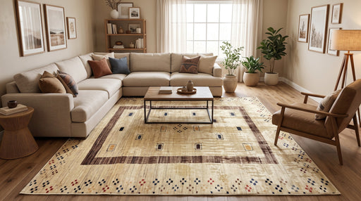 8' x 8' Square Beige & Brown Geometric Border Southwestern Area Rug styled in a living room with a beige sectional sofa, wooden coffee table, and brown accent chair.