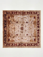 8' x 8' Square Beige & Burgundy Distressed Floral Border Vintage Traditional Area Rug featuring delicate floral vines, a faded beige center, and an ornate burgundy floral border.