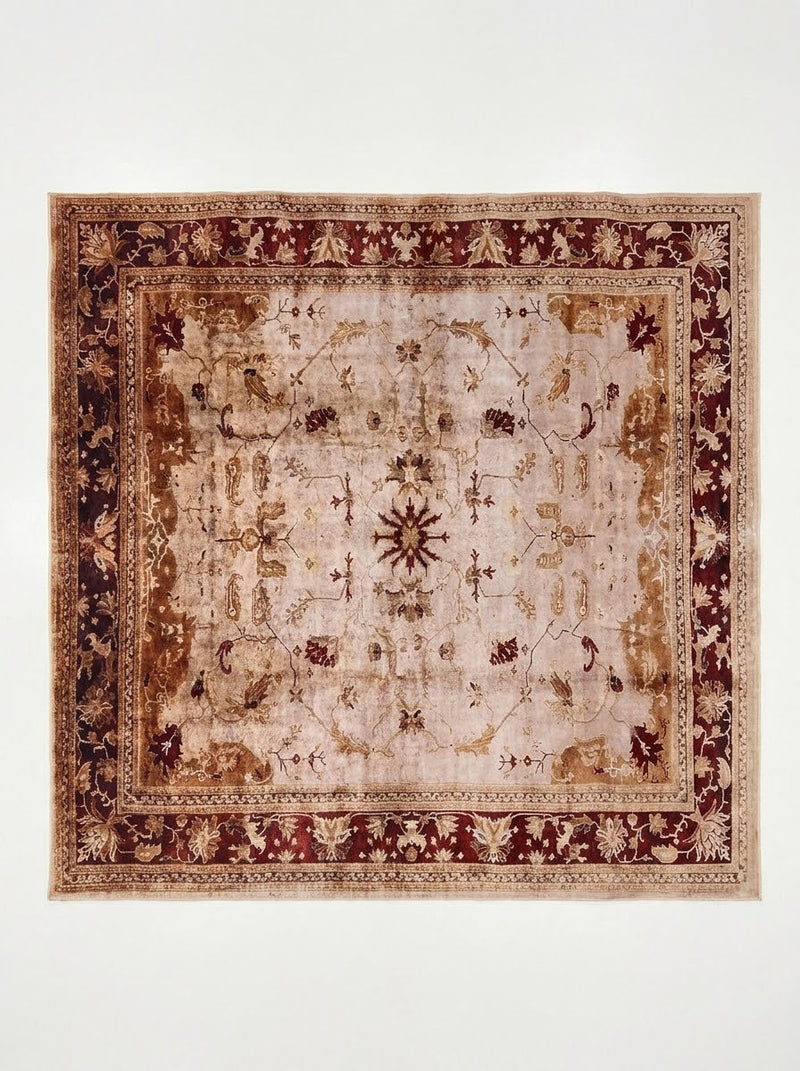 8' x 8' Square Beige & Burgundy Distressed Floral Border Vintage Traditional Area Rug featuring delicate floral vines, a faded beige center, and an ornate burgundy floral border.