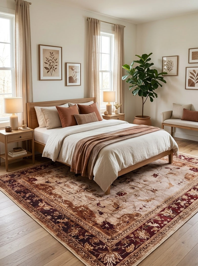 8' x 8' Square Beige & Burgundy Distressed Floral Border Vintage Traditional Area Rug placed beneath a wooden bed with white bedding and matching nightstands.