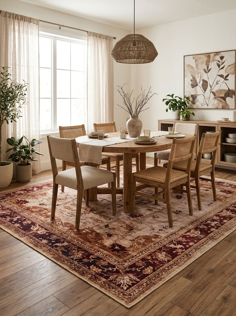 8' x 8' Square Beige & Burgundy Distressed Floral Border Vintage Traditional Area Rug styled in a dining room beneath a wooden dining table and woven chairs.