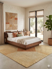 8' x 8' Square Beige Orange Geometric Modern Area Rug showcased in a serene modern bedroom with natural wood furniture and soft earthy accents.