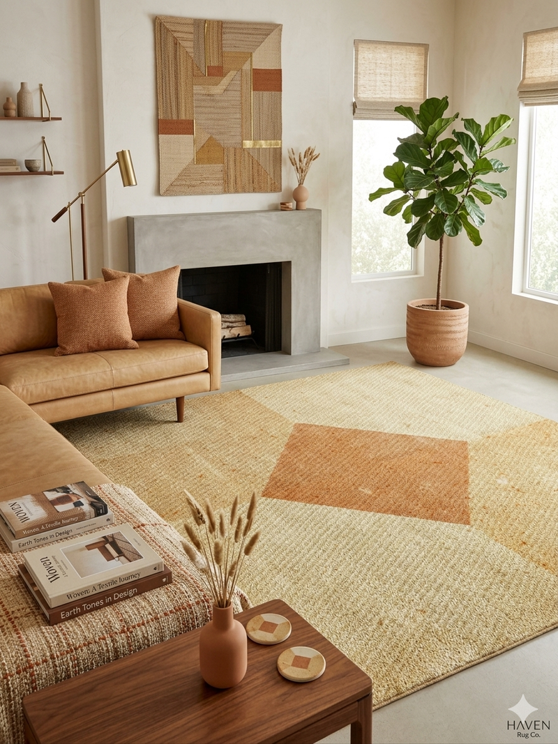 8' x 8' Square Beige Orange Geometric Modern Area Rug styled in a warm contemporary living room with neutral furnishings and earthy décor.