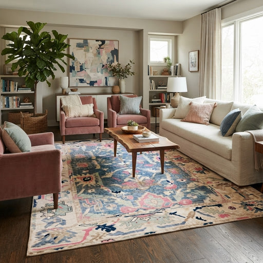 8' x 8' Square Blue Pink & Ivory Floral Medallion Bohemian Area Rug styled in a living room with a cream sofa, pink accent chairs, and wooden coffee table.